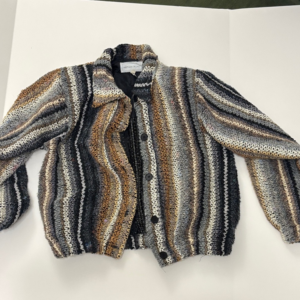 Vintage Cozy Striped Women's Jacket in Black, Gray, and Brown